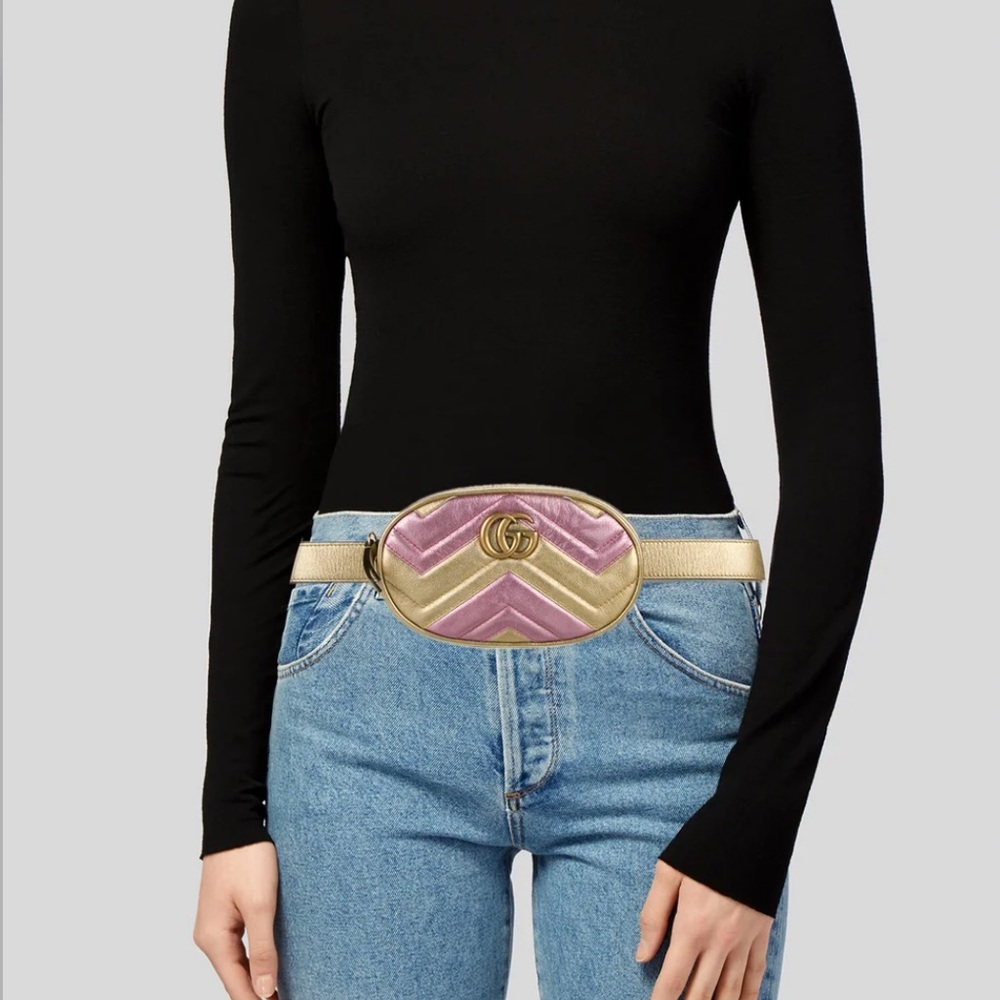 Gucci Belt Marmont Gg Matelassé Metallic Pink/Gold Leather Belt Bag